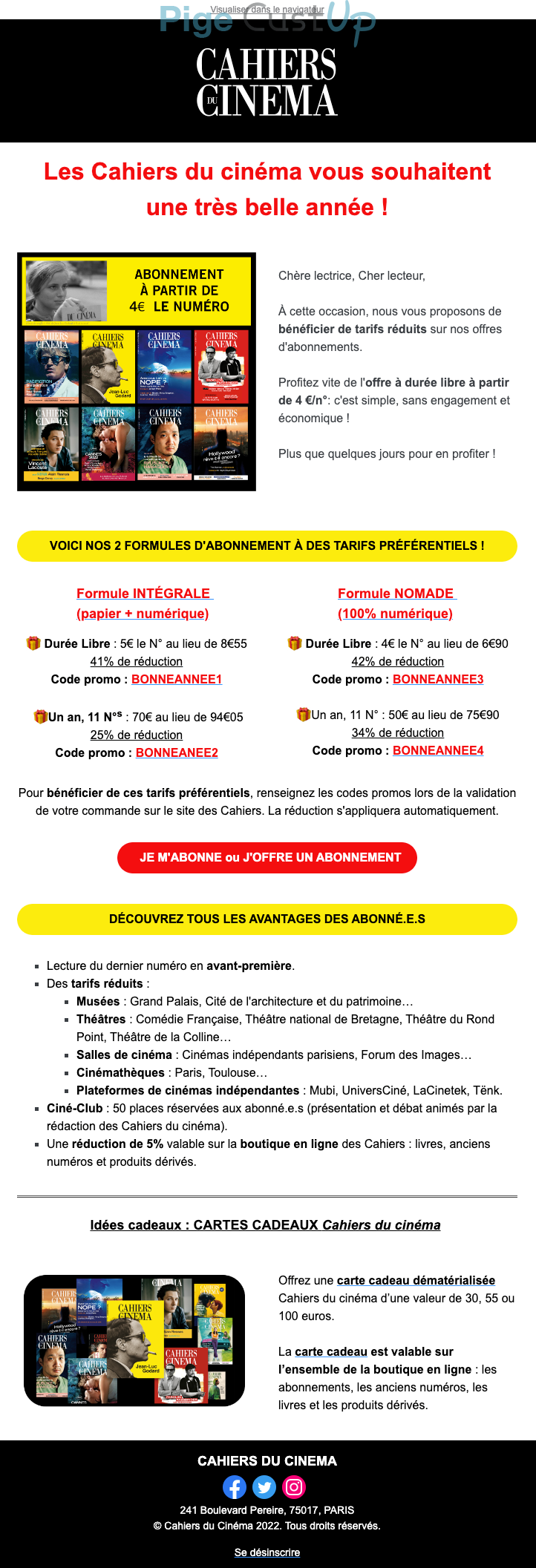 Exemple de Type de media  e-mailing - Cahiers du Cinéma - Marketing relationnel - Calendaire (Noël, St valentin, Vœux, …)
