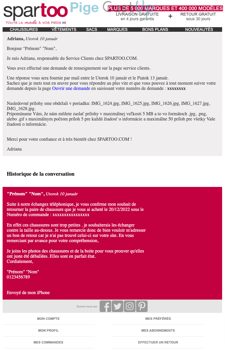 Exemple de Type de media  e-mailing - Spartoo - Service Clients - Suivi de demande