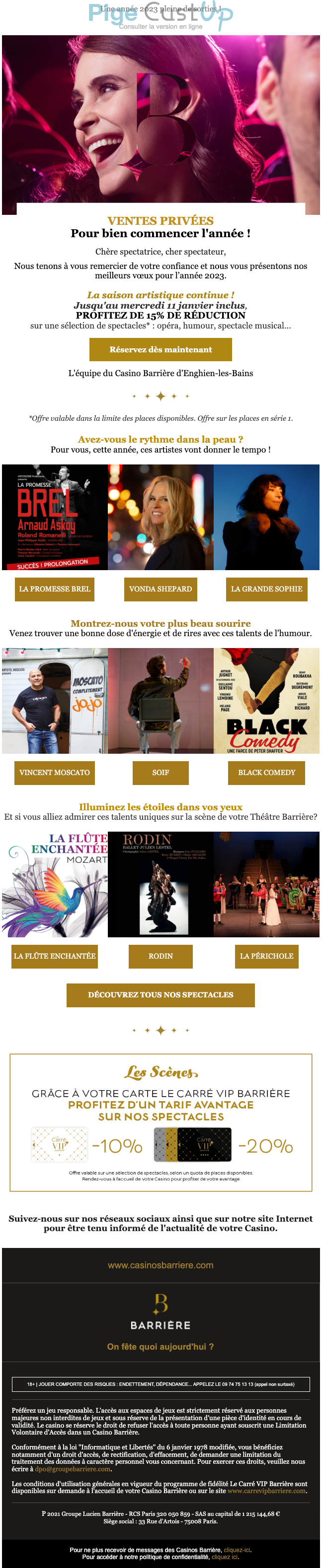 Exemple de Type de media  e-mailing - Théâtre du Casino Barrière Enghien - Marketing relationnel - Calendaire (Noël, St valentin, Vœux, …) - Marketing Acquisition - Ventes privées