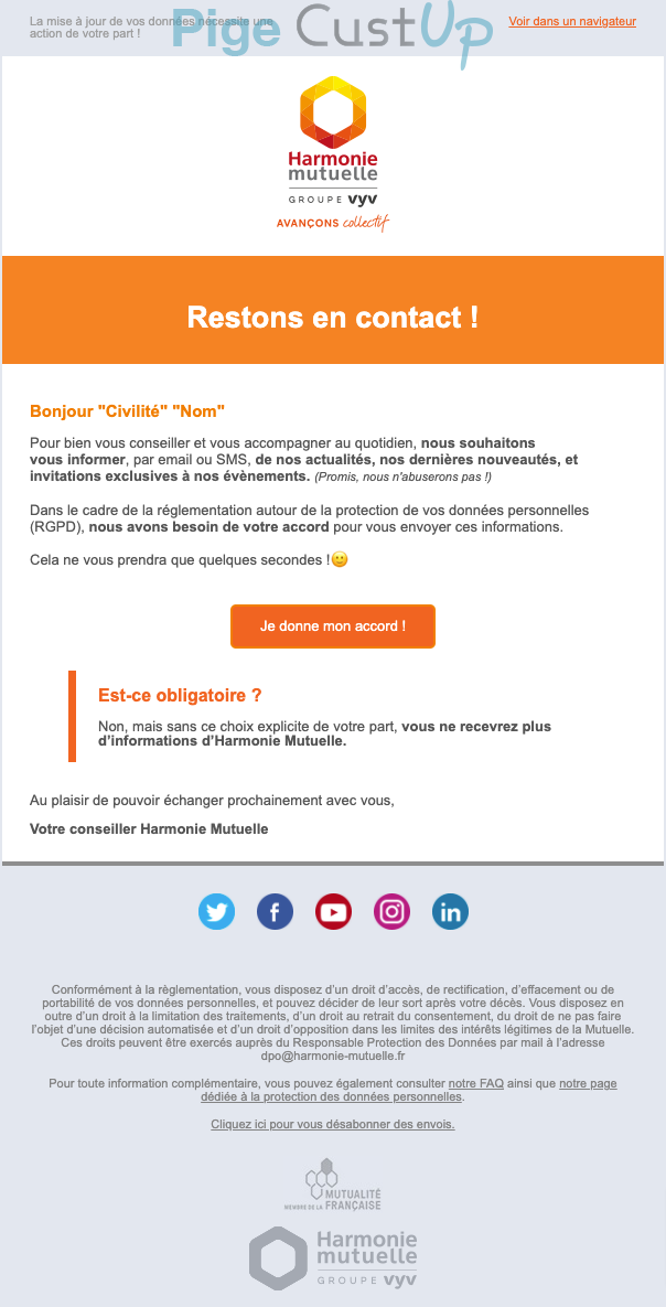 Exemple de Type de media  e-mailing - Harmonie Mutuelle - Marketing relationnel - Données clients / RGPD