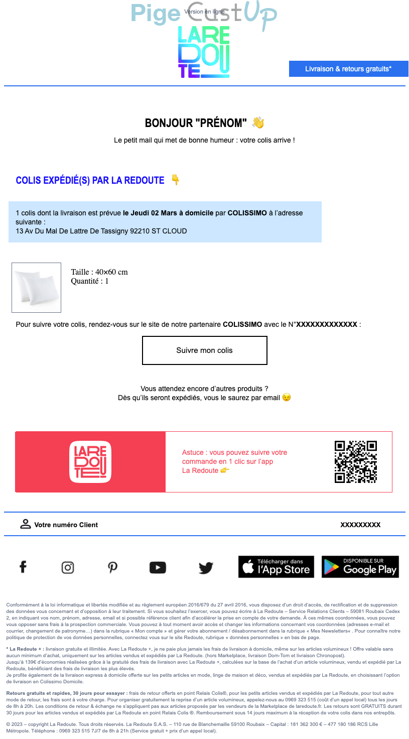 Exemple de Type de media  e-mailing - La Redoute - Transactionnels - Suivi de commande Expédition / Livraison