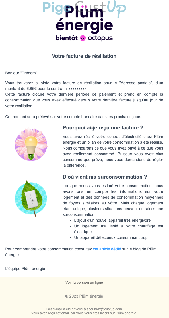 Exemple de Type de media  e-mailing - Plüm - Transactionnels - Facture de résiliation