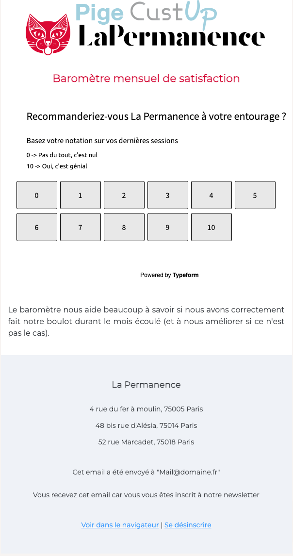Exemple de Type de media  e-mailing - La Permanence - Enquêtes Clients - NPS / Avis clients