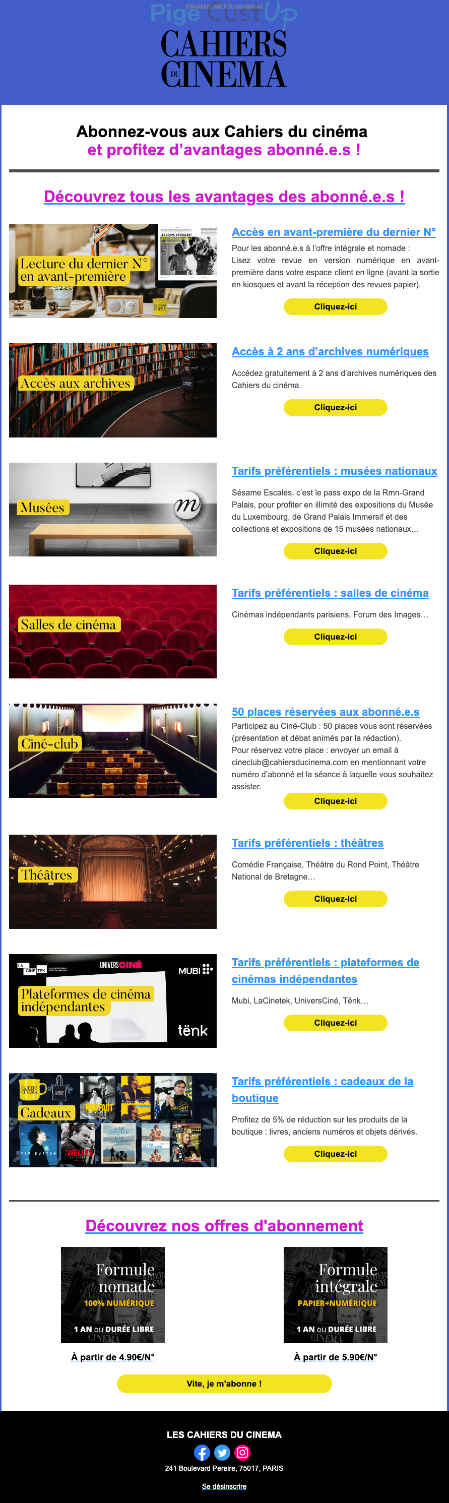 Exemple de Type de media  e-mailing - Cahiers du Cinéma - Marketing Acquisition - Acquisition abonnements - Marketing fidélisation - Animation / Vie du Programme de Fidélité