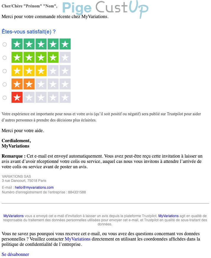 Exemple de Type de media  e-mailing - Myvariations.com - Enquêtes Clients - NPS / Avis clients