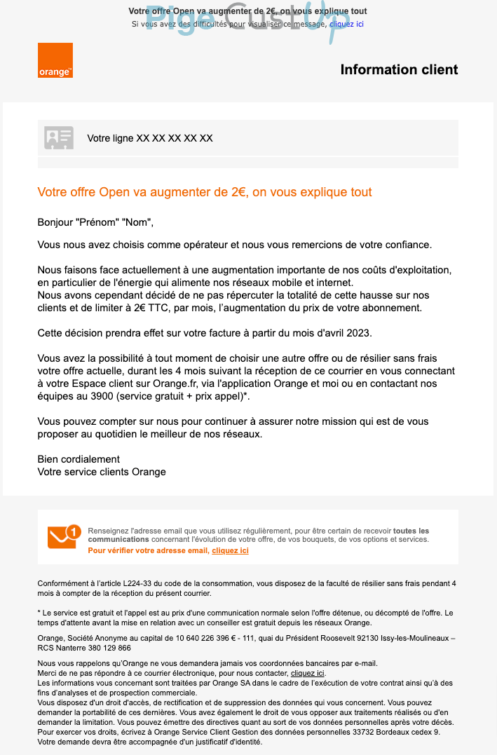 Exemple de Type de media  e-mailing - Orange - Service Clients - Modification tarifs abonnements