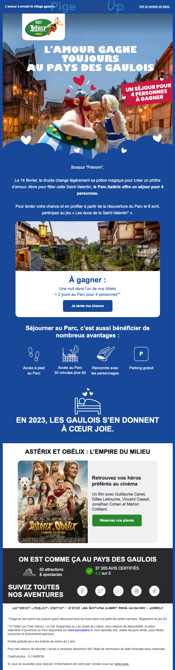 Exemple de Type de media  e-mailing - Parc Astérix - Marketing relationnel - Calendaire (Noël, St valentin, Vœux, …) - Marketing Acquisition - Jeu promo