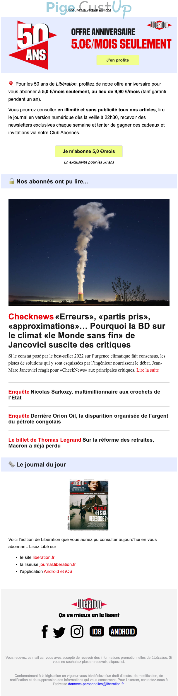 Exemple de Type de media  e-mailing - Libération - Marketing marque - Anniversaire marque