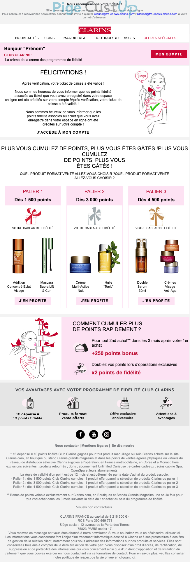 Exemple de Type de media  e-mailing - Clarins - Marketing fidélisation - Points et statut