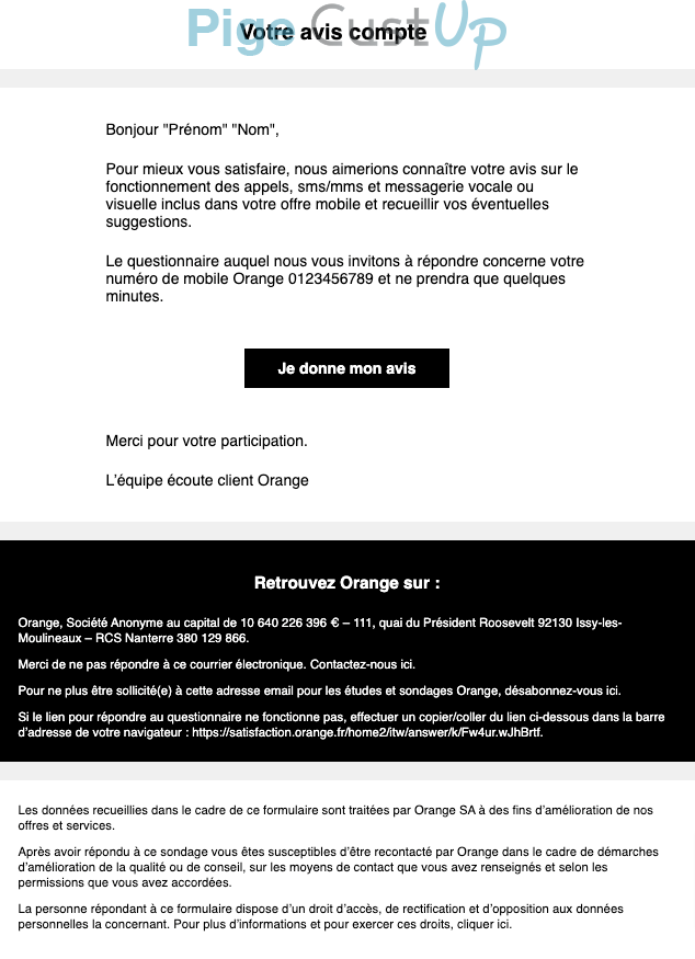 Exemple de Type de media  e-mailing - Orange - Enquêtes Clients - NPS / Avis clients