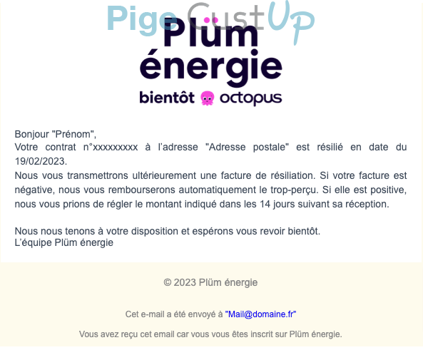 Exemple de Type de media  e-mailing - Plüm - Transactionnels - Résiliation d'un service