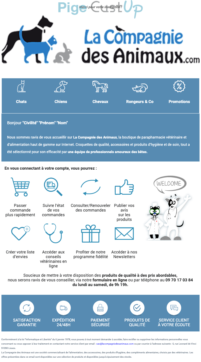 Exemple de Type de media  e-mailing - La Compagnie des animaux - Marketing relationnel - Bienvenue - Welcome