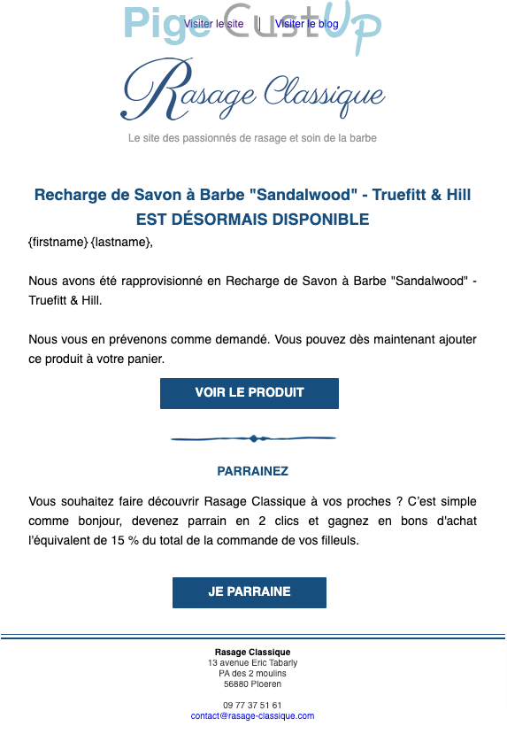 Exemple de Type de media  e-mailing - Rasage Classique - Marketing fidélisation - Incitation au réachat