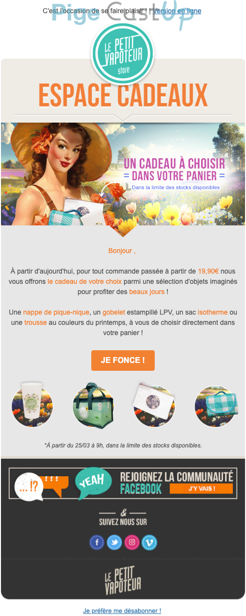Exemple de Type de media  e-mailing - Le Petit Vapoteur - Marketing Acquisition - Gratuit - Cadeau