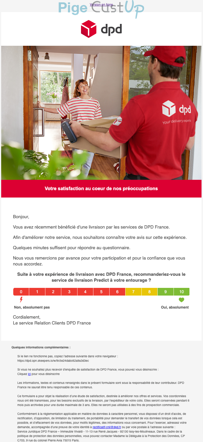 Exemple de Type de media  e-mailing - DPD - Enquêtes Clients - NPS / Avis clients