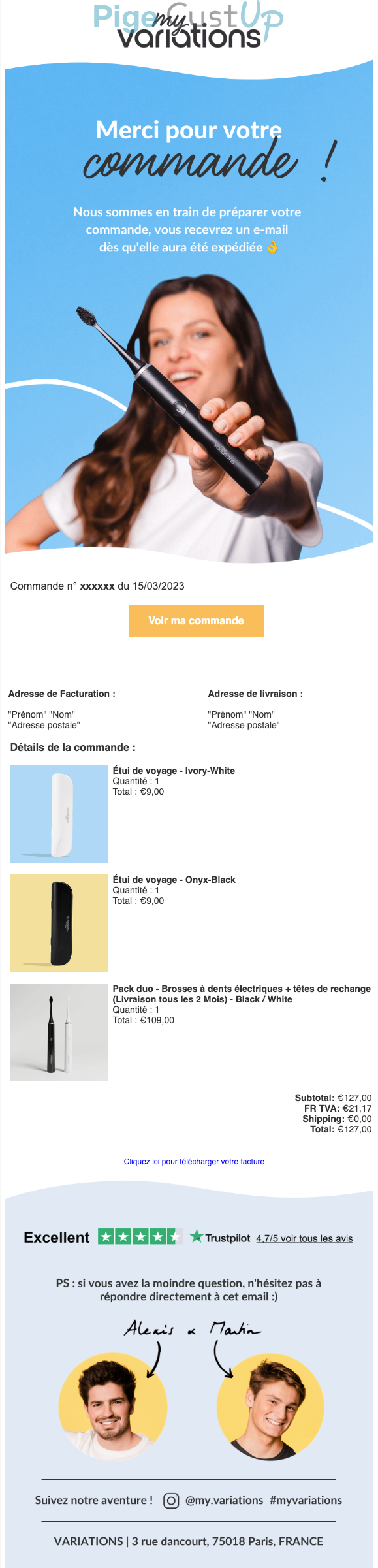 Exemple de Type de media  e-mailing - Myvariations.com - Transactionnels - Confirmation de commande