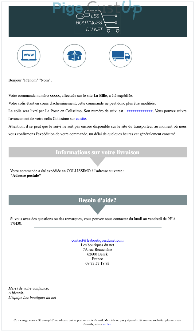 Exemple de Type de media  e-mailing - Les boutiques du Net - Transactionnels - Suivi de commande Expédition / Livraison