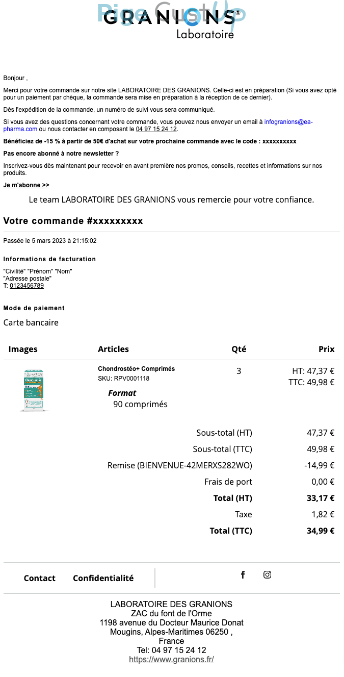 Exemple de Type de media  e-mailing - Granions - Transactionnels - Confirmation de commande