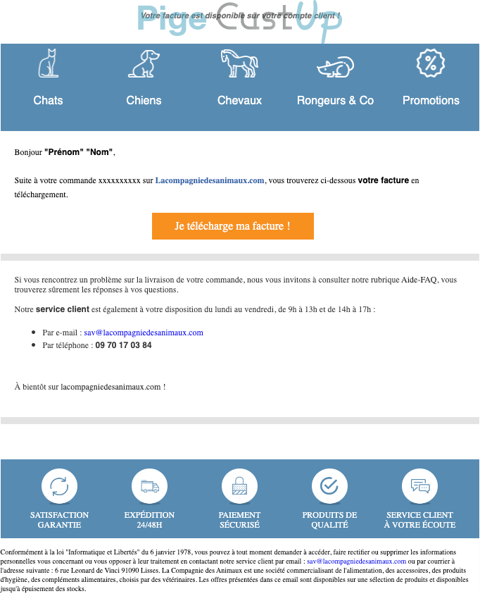 Exemple de Type de media  e-mailing - La Compagnie des animaux - Transactionnels - Consultation facture en ligne - Mise à disposition facture