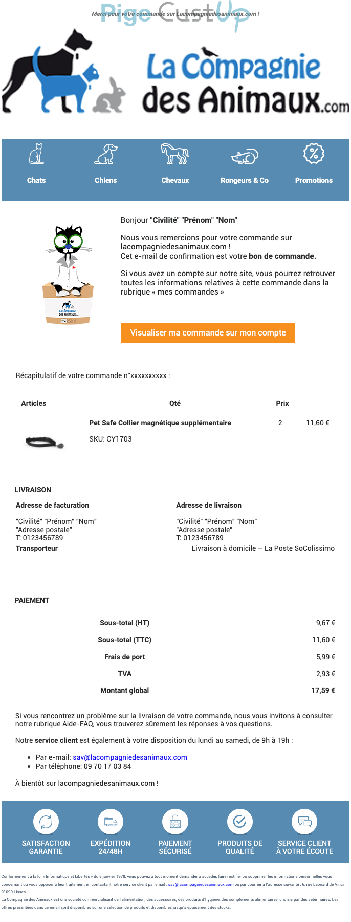 Exemple de Type de media  e-mailing - La Compagnie des animaux - Transactionnels - Confirmation de commande