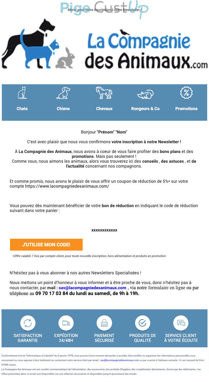 Exemple de Type de media  e-mailing - La Compagnie des animaux - Transactionnels - Confirmation Inscription Newsletter