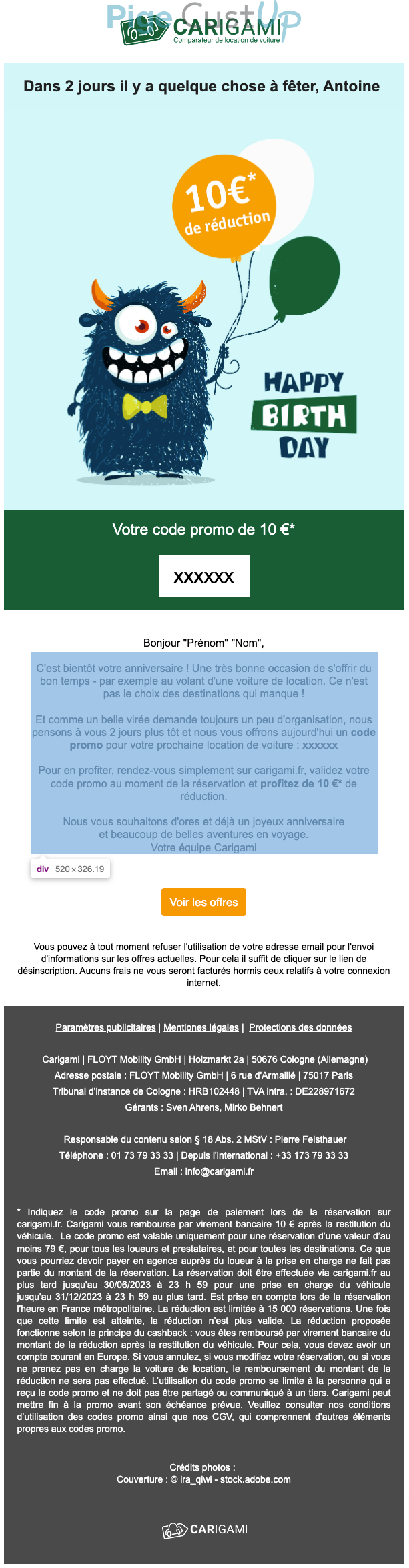 Exemple de Type de media  e-mailing - Carigami - Marketing relationnel - Anniversaire / Fête contact