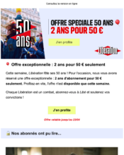 e-mailing - Média Edition Réseaux Sociaux - Libération - B2C - Marketing Acquisition - Acquisition abonnements - Marketing marque - Anniversaire marque - 04/2023