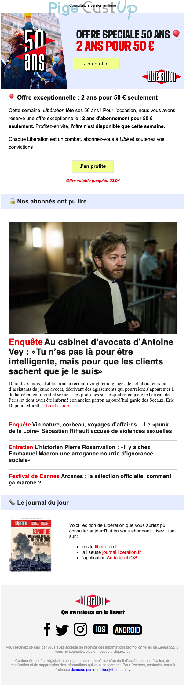 Exemple de Type de media  e-mailing - Libération - Marketing Acquisition - Acquisition abonnements - Marketing marque - Anniversaire marque