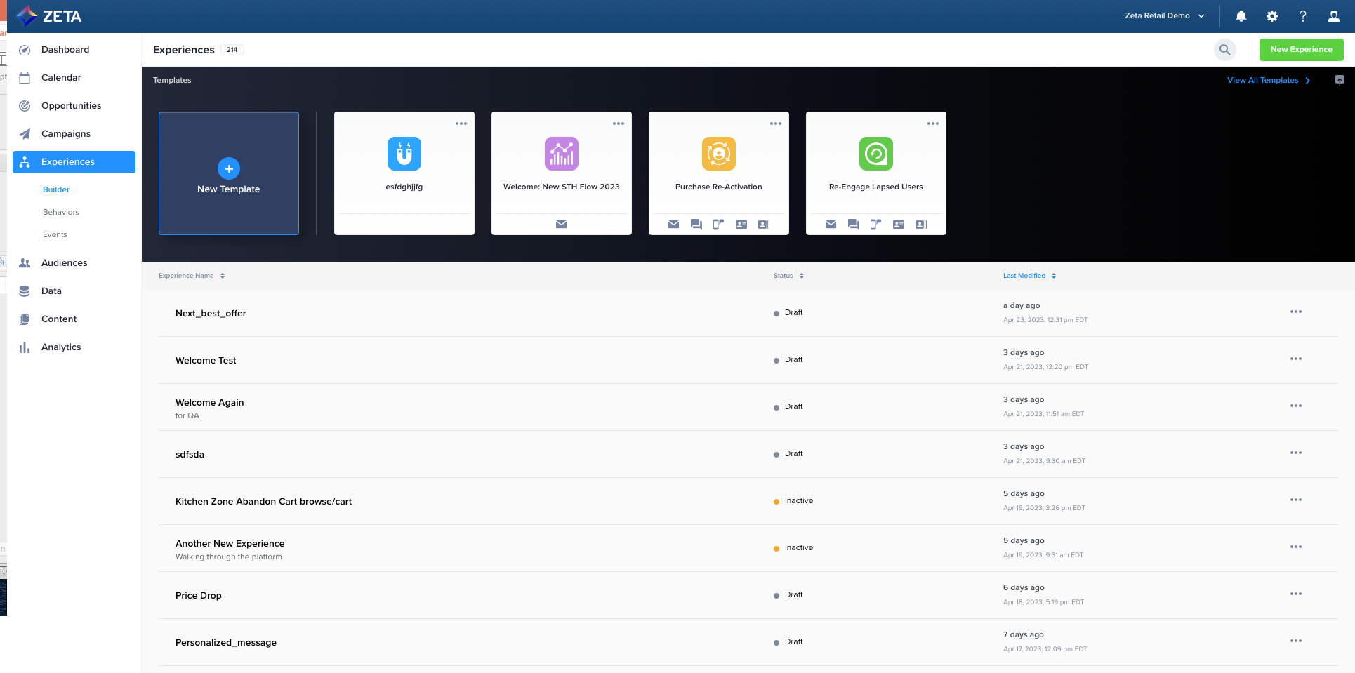 zeta marketing platform liste scenarios