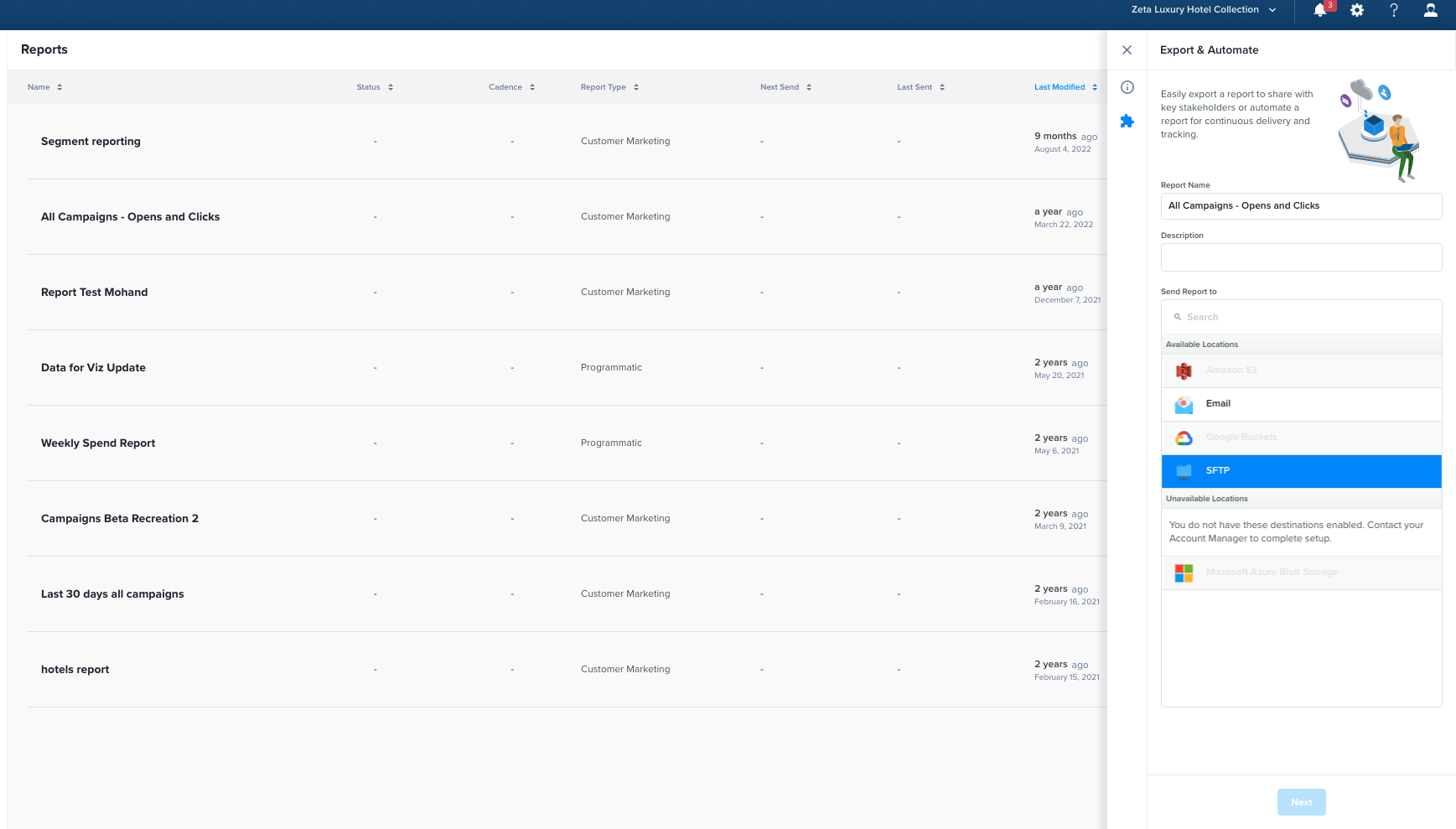 zeta marketing platform module reporting export