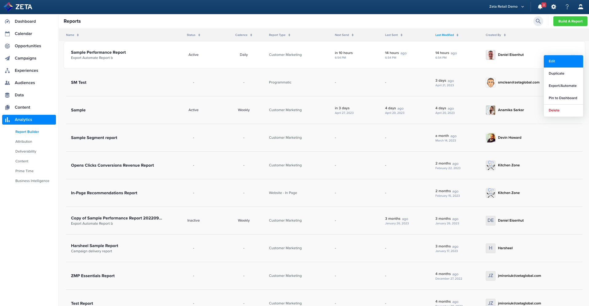 zeta marketing platform module reporting