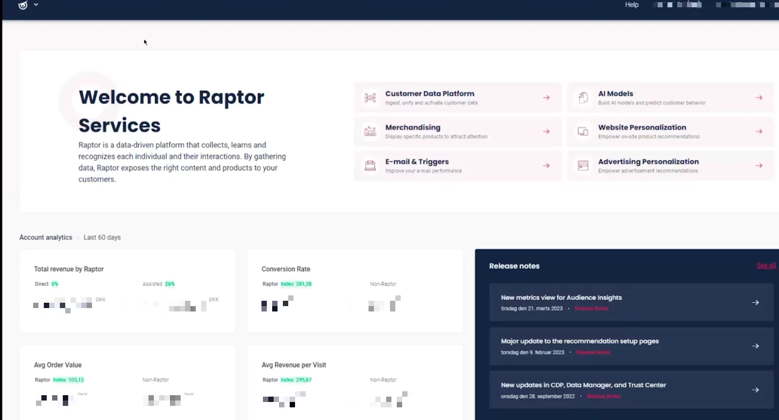 Tableau de bord de la Customer Data Platform Raptor.