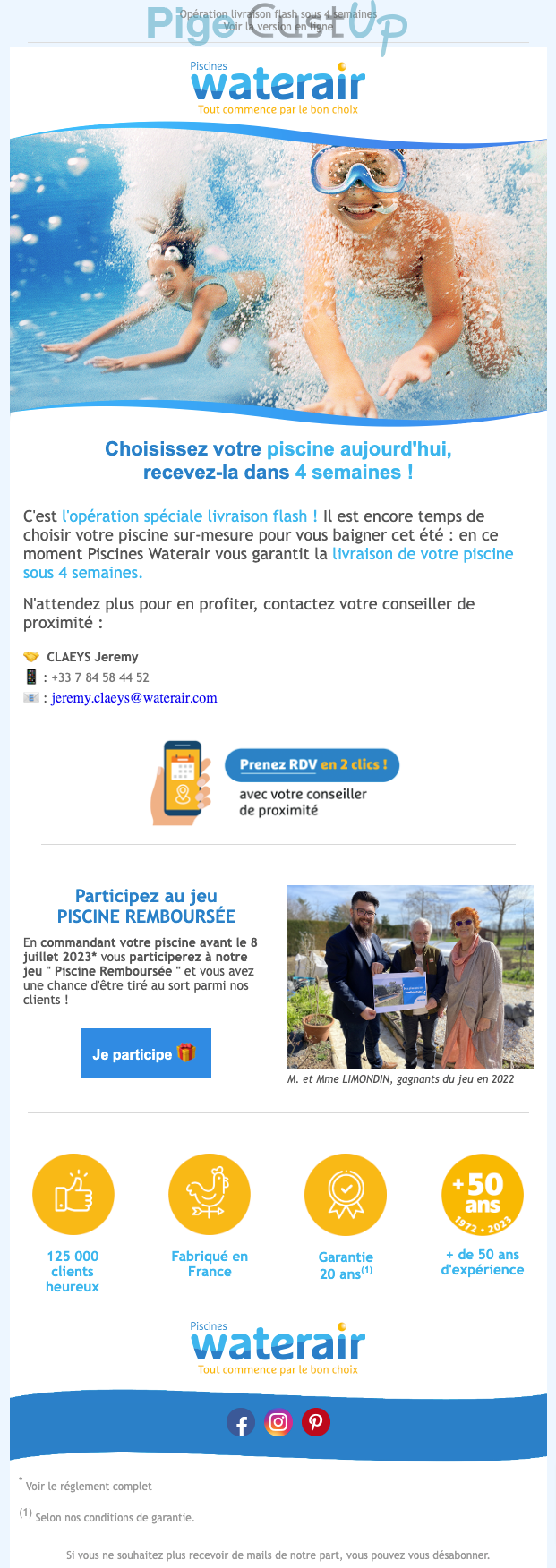 Exemple de Type de media  e-mailing - Piscines Waterair - Collecte de données - Acquisition de leads - Marketing Acquisition - Jeu promo