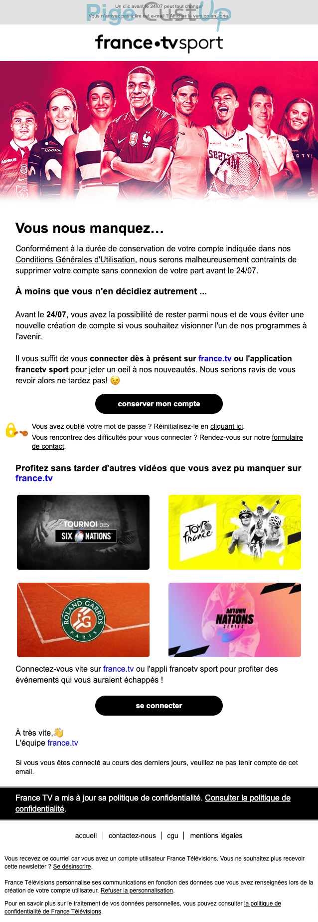Exemple de Type de media  e-mailing - France TV - Transactionnels - Désactivation/Supression Compte