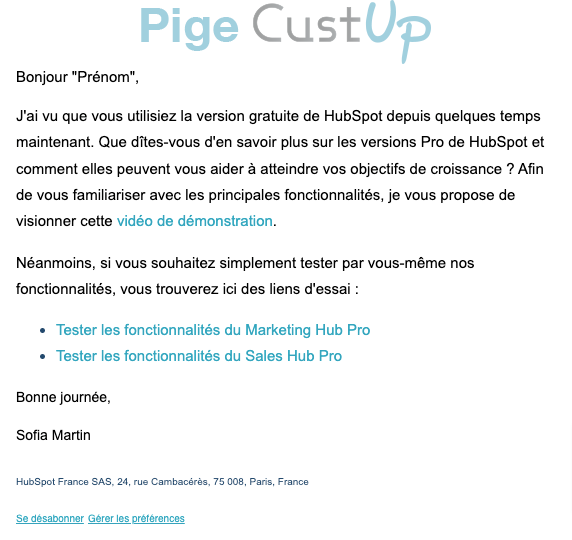 Exemple de Type de media  e-mailing - Hubspot - Marketing fidélisation - Accompagnement usage produit ou service - Marketing Acquisition - Acquisition abonnements