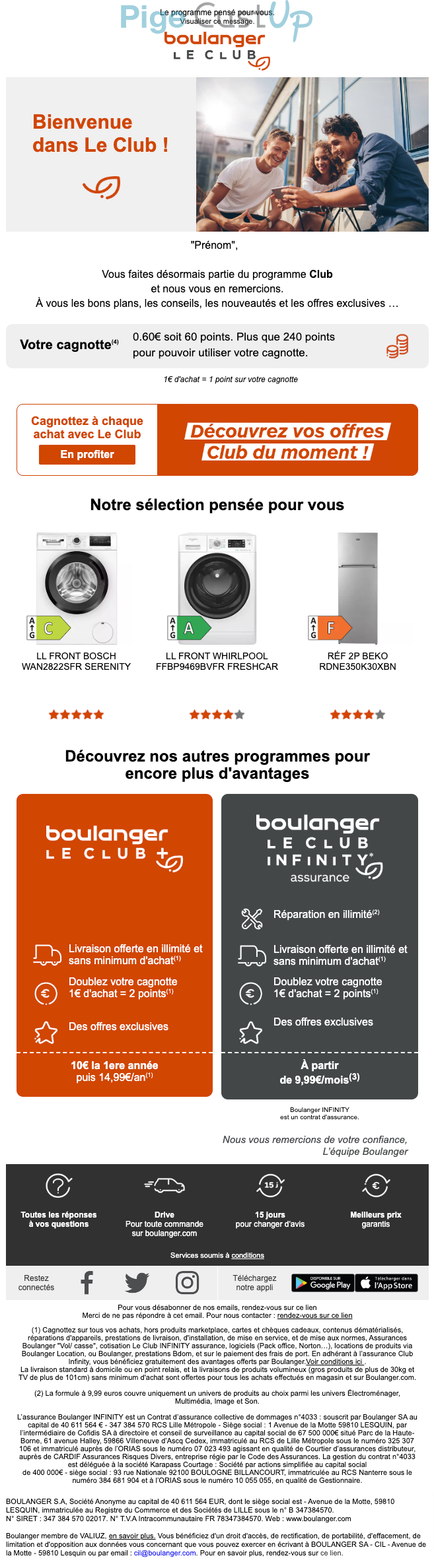 Exemple de Type de media  e-mailing - Boulanger - Marketing fidélisation - Début / Fin du Programme de Fidélité - Points et statut