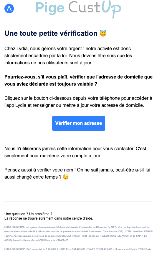 Exemple de Type de media  e-mailing - Lydia - Service Clients - Mise à jour coordonnées (téléphone, adresse, etc...)