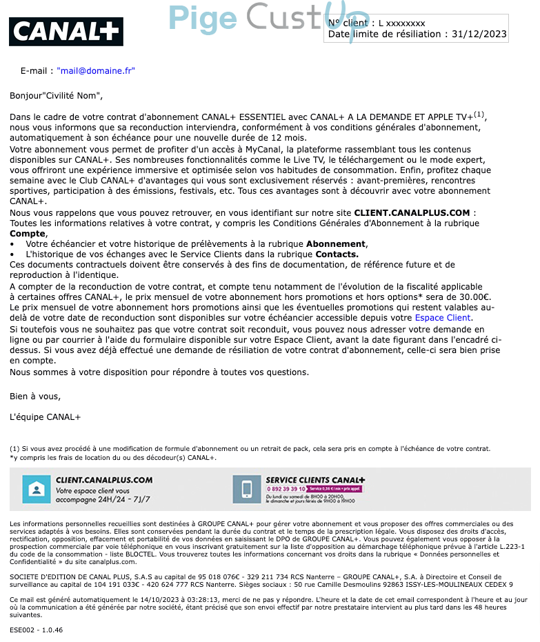Exemple de Type de media  e-mailing - Canal + - Marketing fidélisation - Renouvellement abonnement