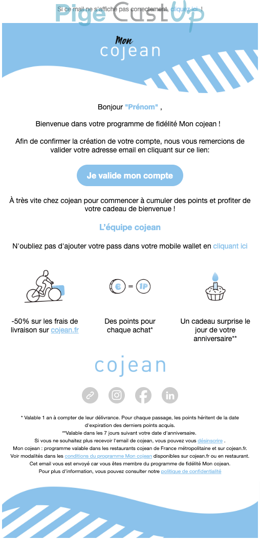 Exemple de Type de media  e-mailing - Cojean - Marketing relationnel - Bienvenue - Welcome - Marketing fidélisation - Début / Fin du Programme de Fidélité