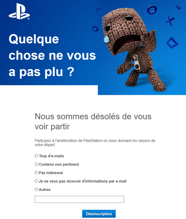 Exemple d'un formulaire de désinscription enrichi d'une enquête.