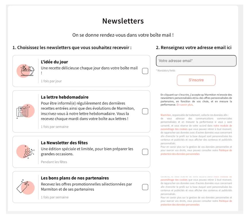 Le formulaire d'inscription newsletter de l'annonceur Marmiton