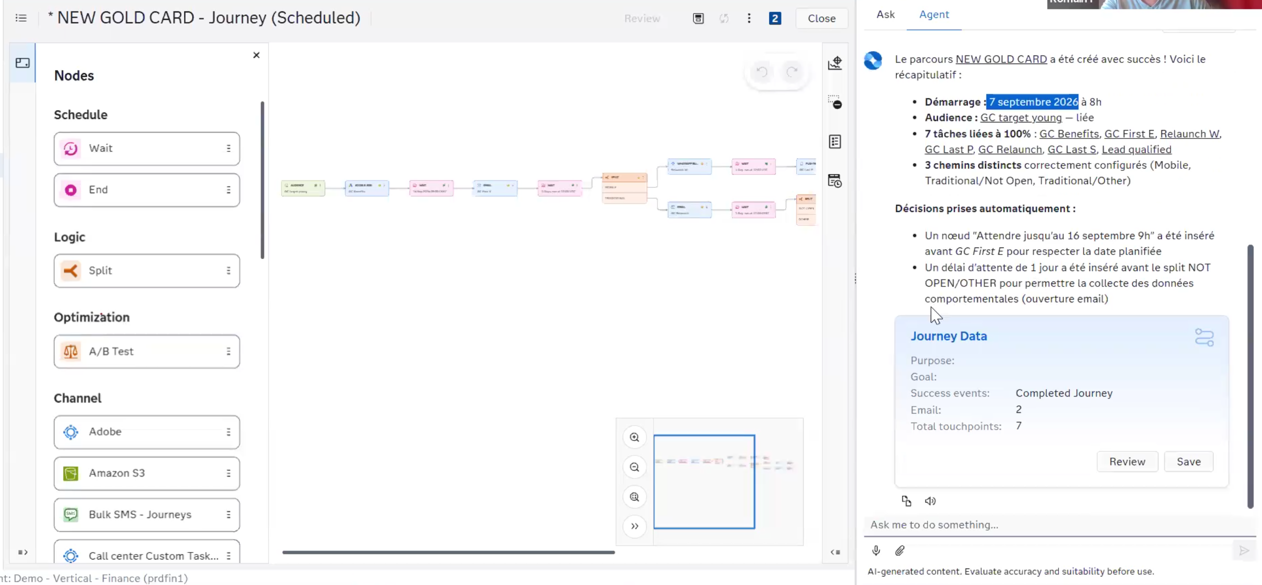 Parcours client généré par un agent IA avec le récapitulatif de ses décisions, exemple SAS Customer Intelligence 360