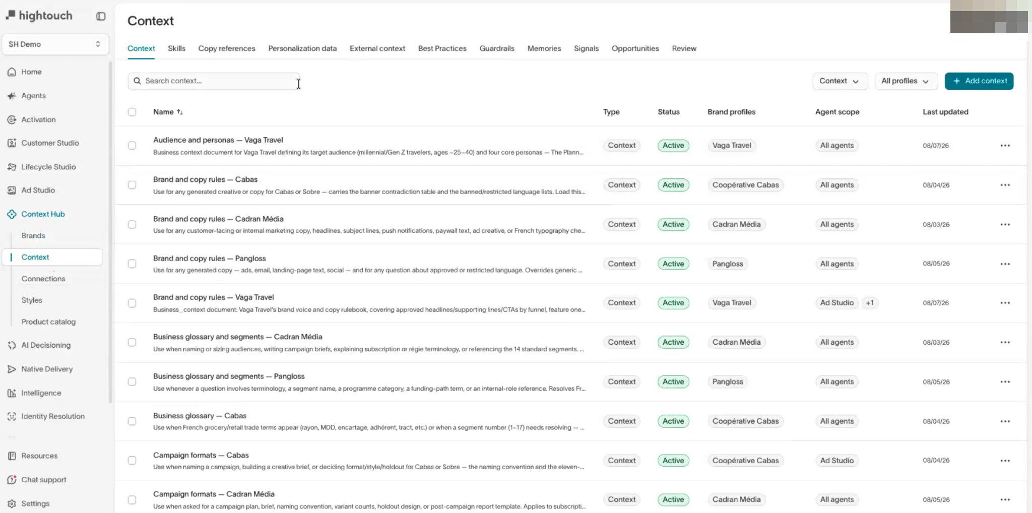 Espace de description du contexte d'entreprise consulté par les agents IA, exemple Hightouch